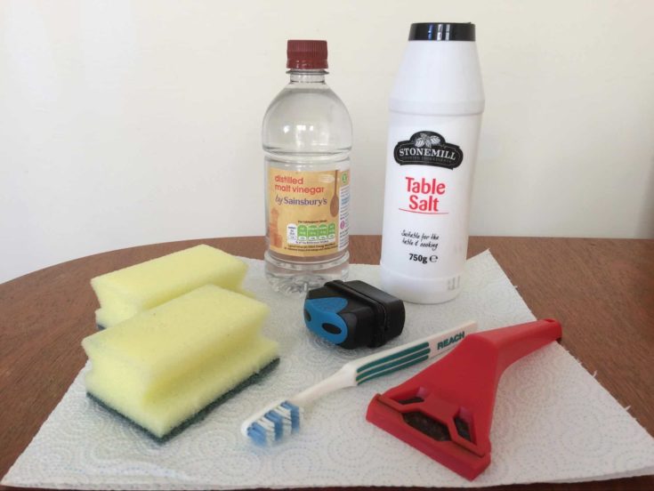 White vinegar + 2 clean sponges + Table salt + Razor Blade + Scraper or an old razor + Old toothbrush + Magnetic algae cleaner