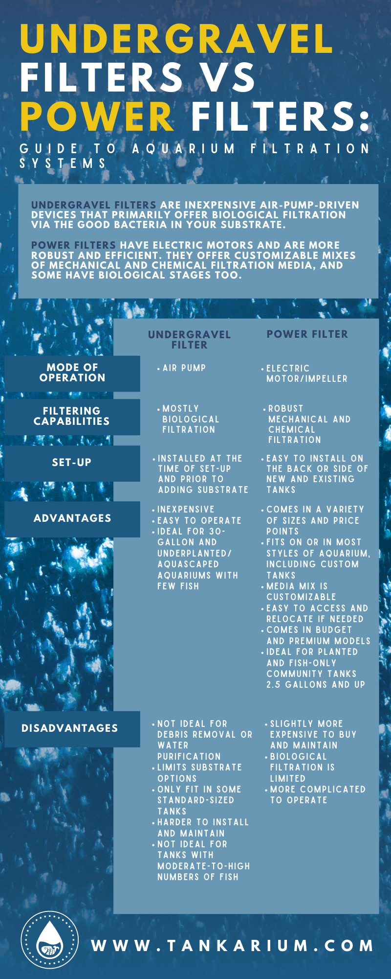 Undergravel Filters vs Power Filters: Guide to Aquarium Filtration Systems - Infographic