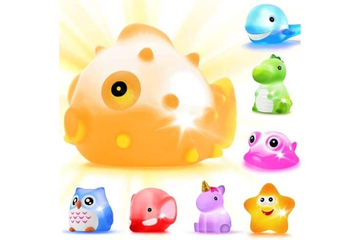 Bath Toys, 8 Pcs Light Up Floating Rubber Animal Toys Set, Flashing Color Changing Light in Water, Baby Infants Kids Toddler Child Preschool Bathtub...
